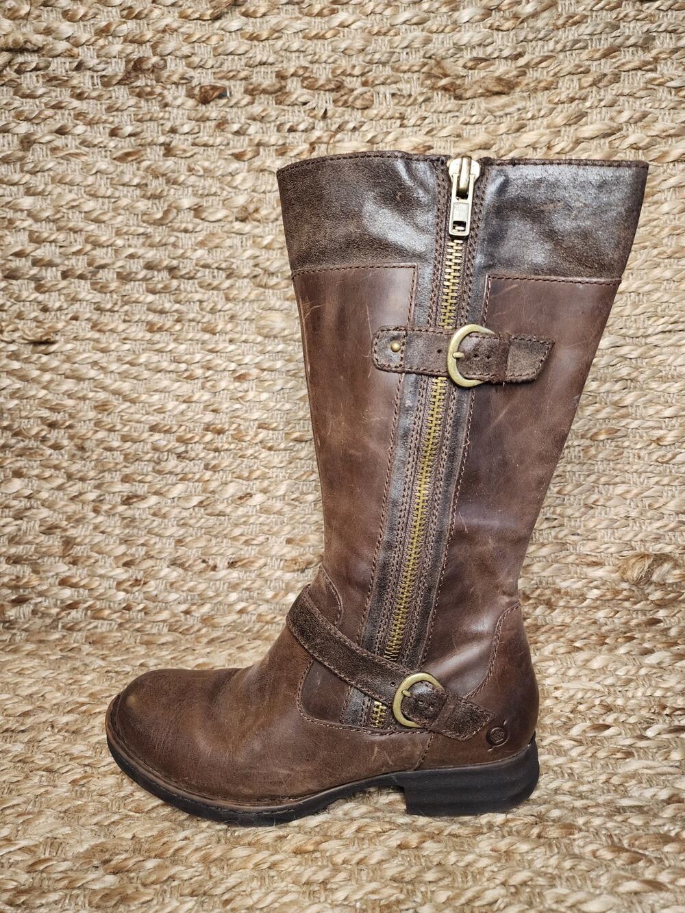Born Kendell Western Heeled Rustic Brown Leather Boots Buckle Zip Up Women's 8 M